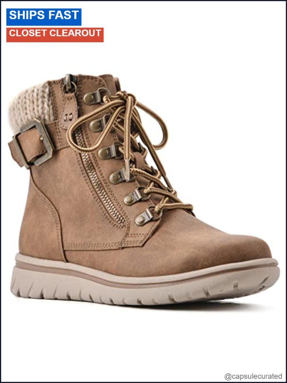 Cushioned Hiker Ankle Boots with Sweater Knit Collar, Zipper & Buckle